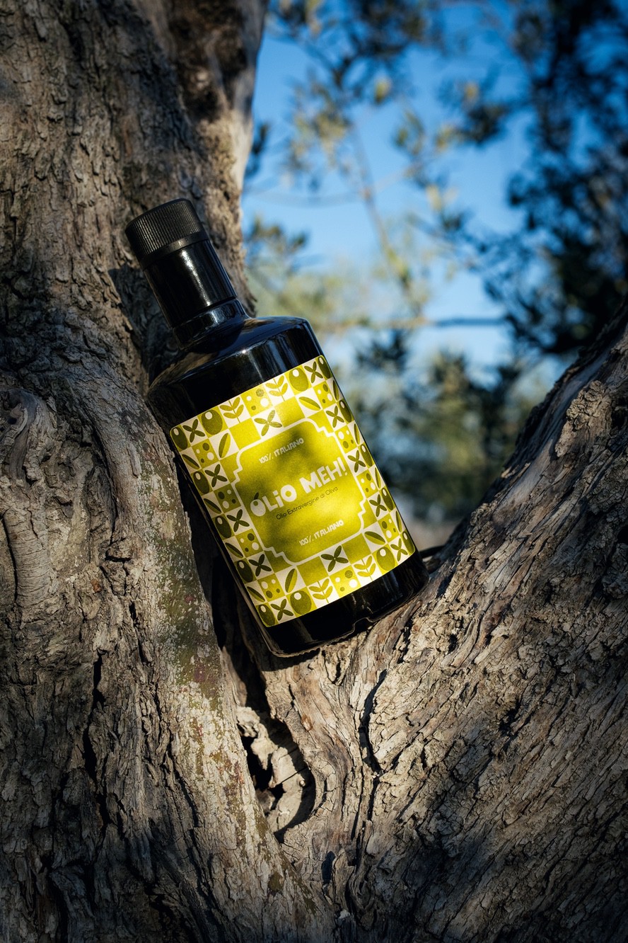 Fotoritratto brand Scatto fotografico professionale che ritrae una bottiglia d'olio appoggiata su un ulivo in Puglia