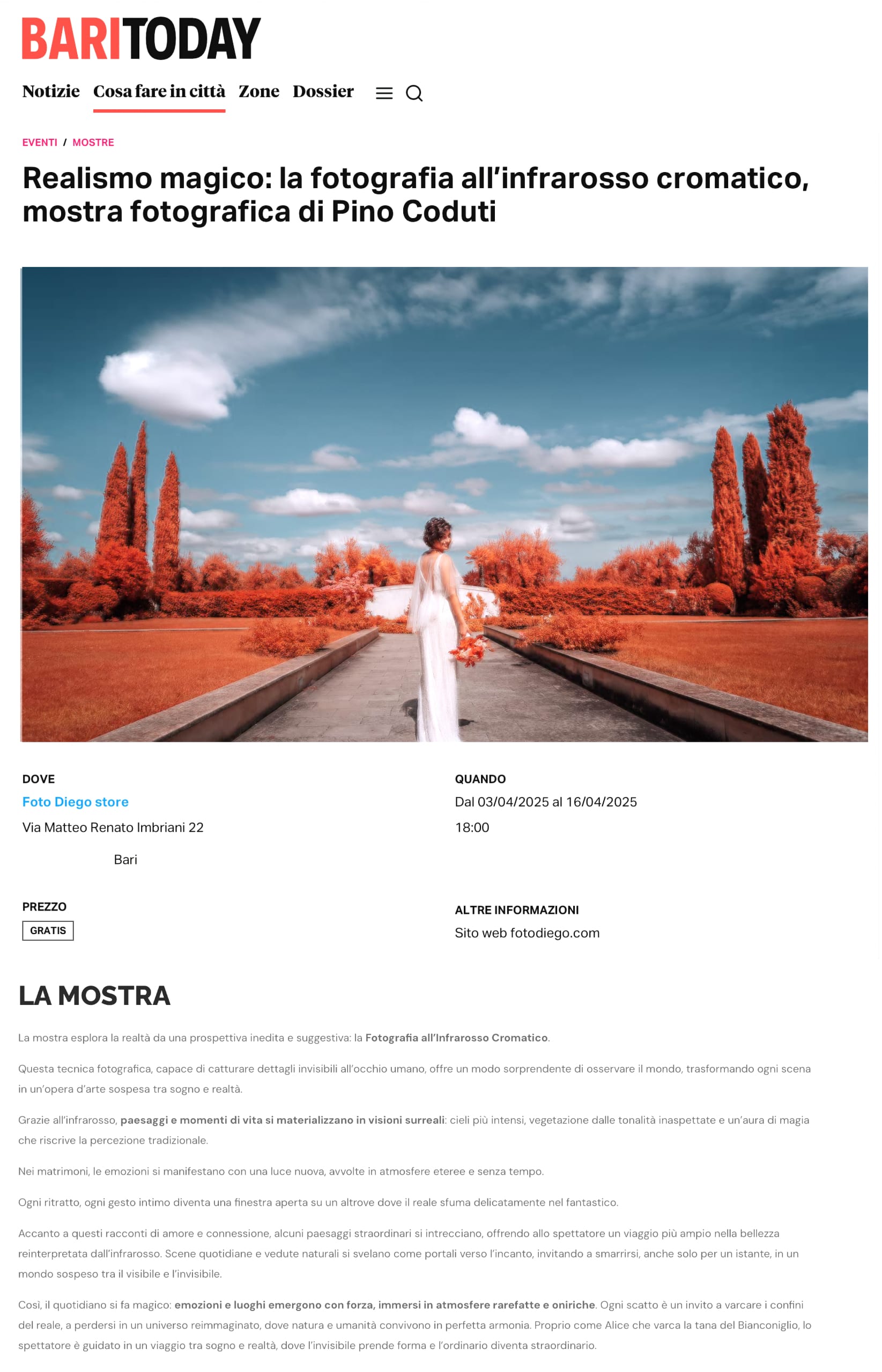 Articolo su BariToday per Pino Coduti sulla mostra Realismo Magico