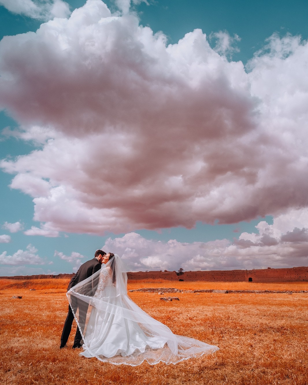 Ritratto di coppia di sposi all'aperto con tecnica dell'infrarosso cromatico.