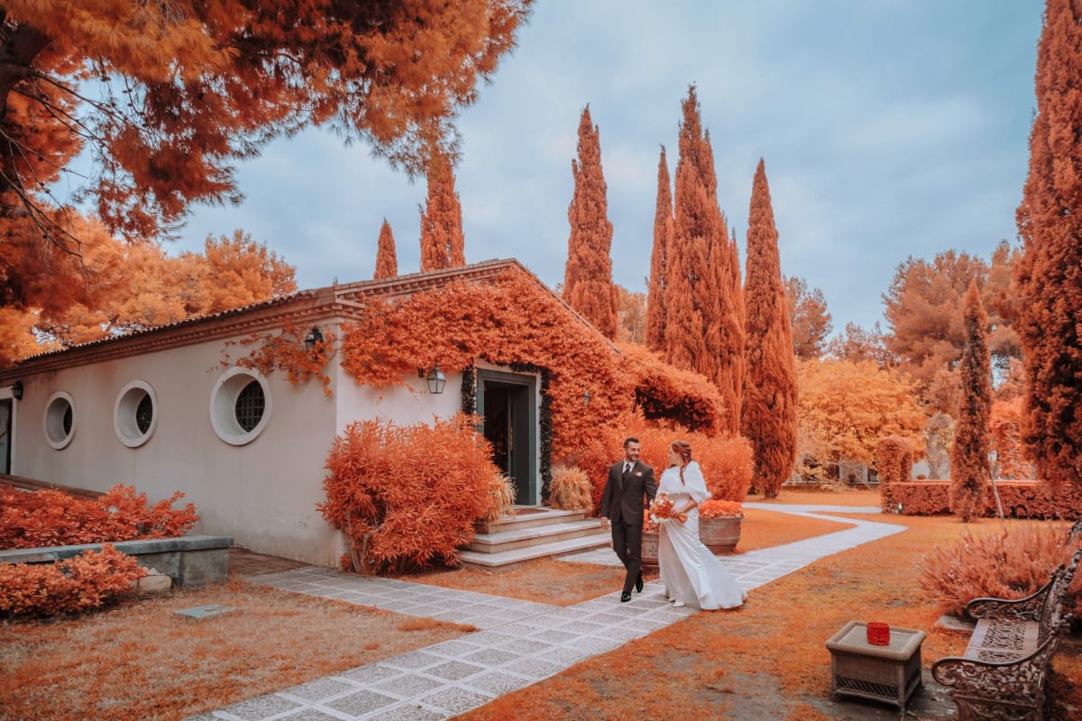 Sposi a Casa Freda Foggia ritratti in infrarosso cromatico tra alberi e cielo d’autunno pugliese.
